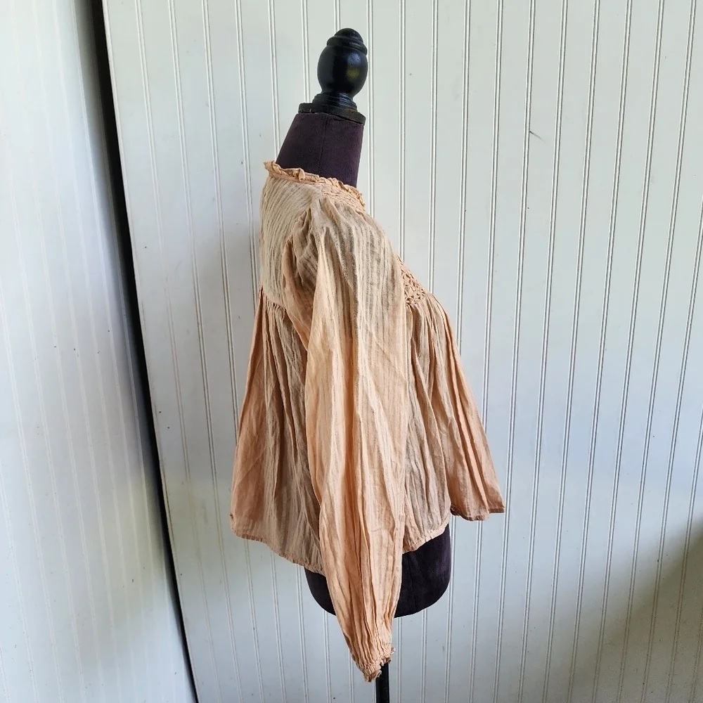 Zara Girls Long Sleeve Textured Top Babydoll Blouse Cream Blush Pink Sz 13-14